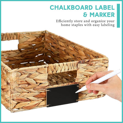 Nitial 8 Pcs Wicker Storage Basket, Rectangular Water Hyacinth Storage Basket for Shelving, Foldable Woven Pantry Organizer with Chalkboard Label and Chalk Marker (Natural,12 x 9 x 5 Inch)