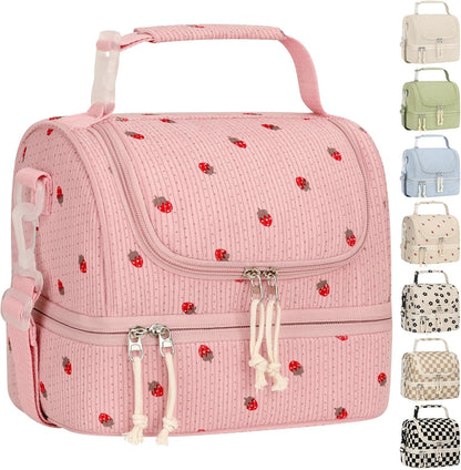Vankor Corduroy Lunch Box Kids Insulated Lunch Bag Double Decker, Cute Leak-Proof Lunch Box for Boys Girls, Portable Cooler Lunch Bag Thermal Lunch Tote for School Picnic Travel, Light Blue