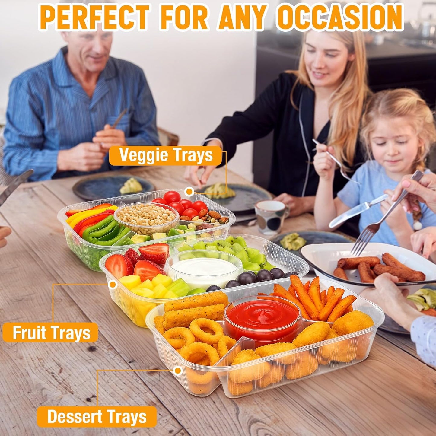 Shellwei 4 Pcs Jumbo Veggie Tray 15.6" x 11.2" x 3" Chip and Dip Platter Nacho Tray Disposable Catering Trays with Lids Divided for Veggie, Charcuterie, Taco, Salad in Party/Buffet/Travel (No Lid)