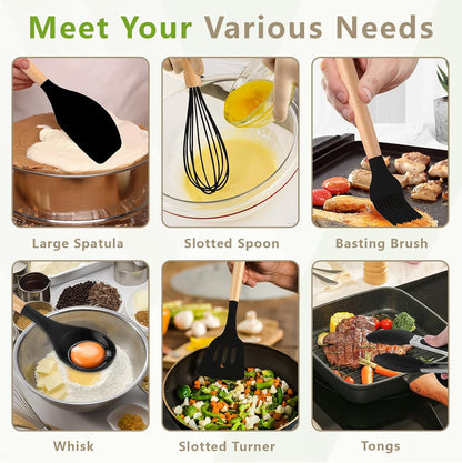 SAKAMOSH Silicone Cooking Utensils Set with Holder, 12 Pcs Heat Resistant Kitchen Utensils Set with Wooden Handle, BPA-free Spatula, Tongs, Spoons Set for Nonstick Cookware, Black