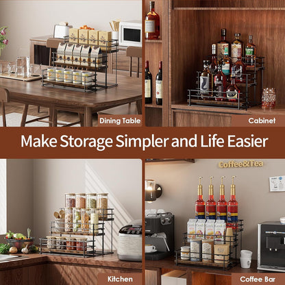 Nuovoware Coffee Syrup Organizer, 2-Tier 10 Bottles Bar Organizer, Separable Metal Rack with Wooden Base Whiskey Wine Dressing for Countertop Kitchen Coffee Bar, Black