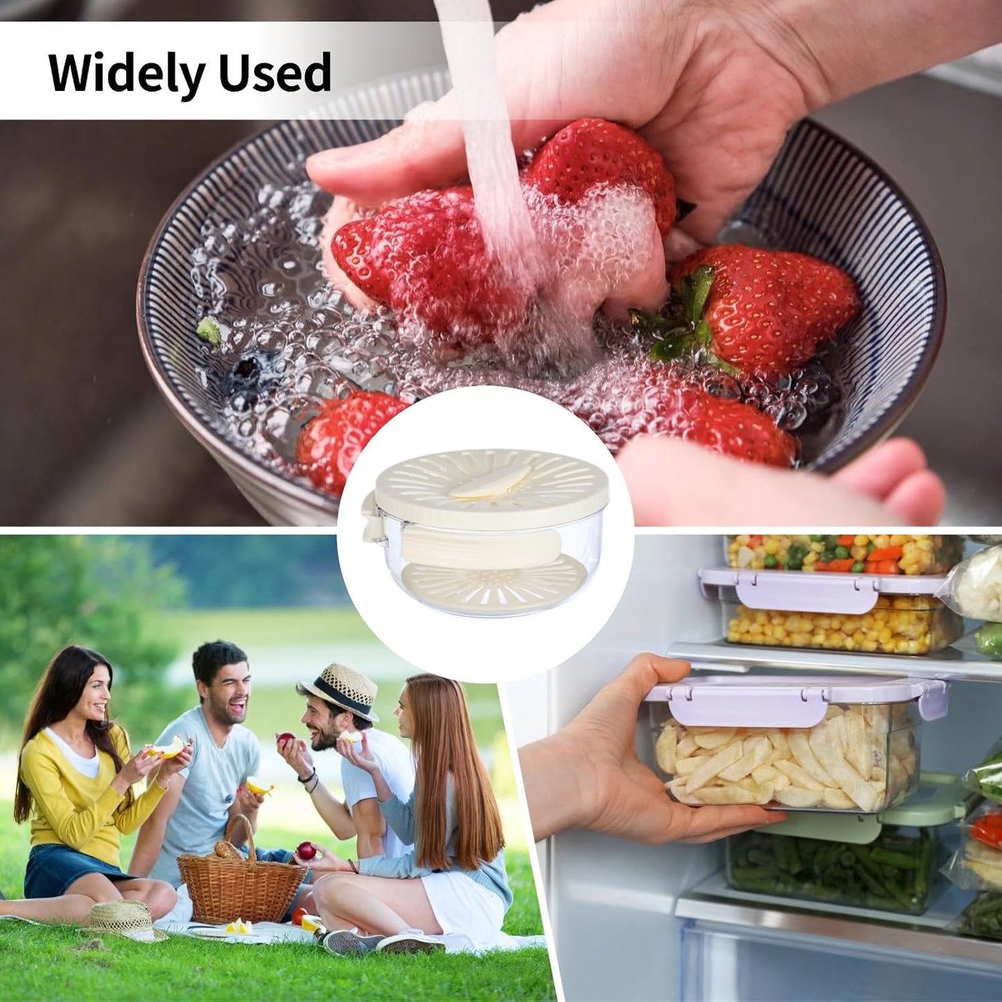 2 Pcs Fruit Washing Bowls, Multifunctional Veggie Colander with Foldable Handles, Fruit Strainer and Storage Bowl with Lid, Food Storage Container for Fridge or Outdoor Picnic