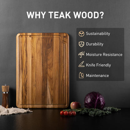 4 Pack Teak Wood Cutting Board Set for Kitchen Heavy Duty Non Toxic Non Slip Solid Thick Wood Haus Chopping Board Extra Large Big Small Meat Best Essential House Warming Hostess Host Gift
