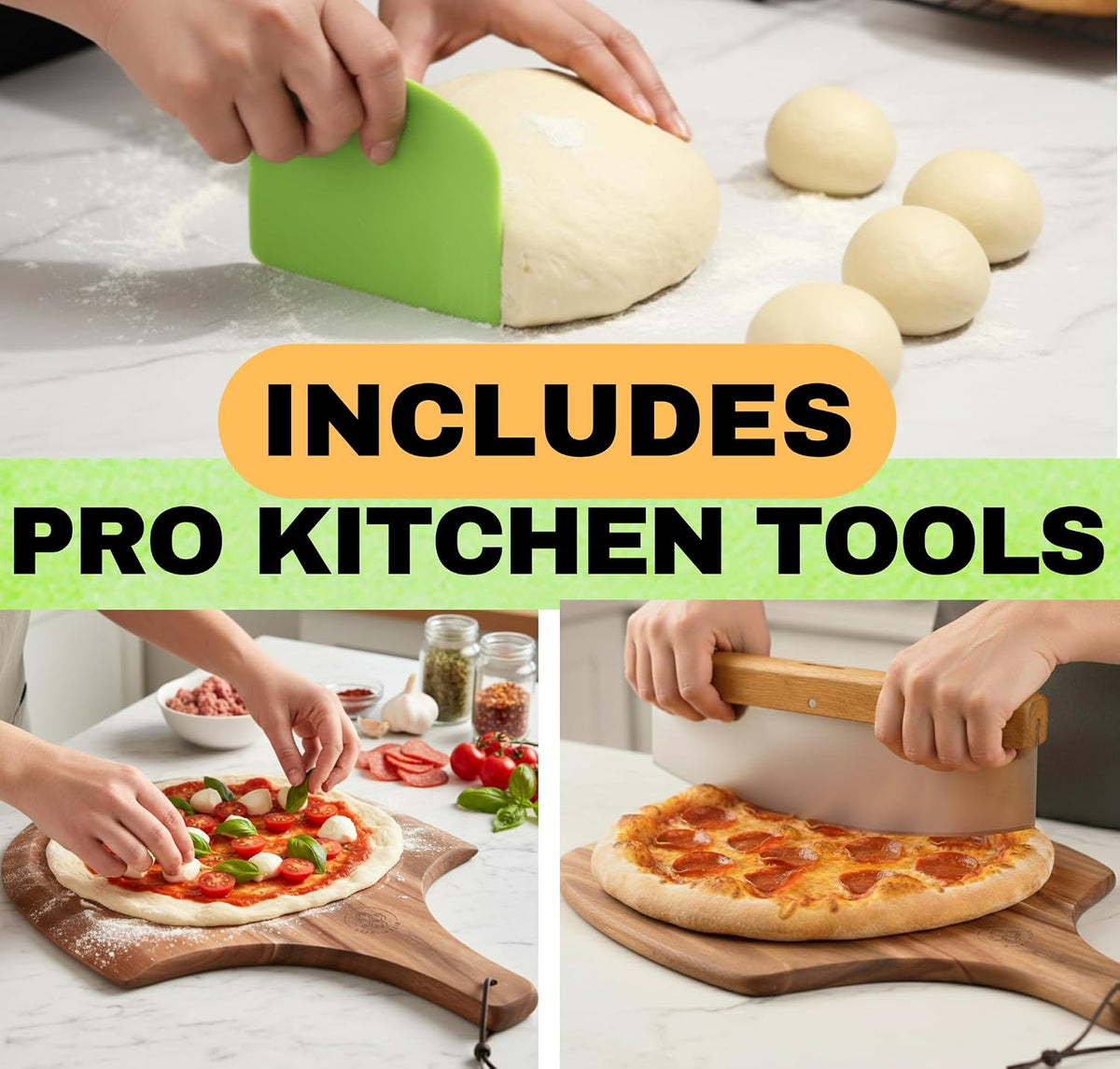 Pizza Stone for Oven and Grill Set - 5PCS Pizza Making Accessories Kit - 15 inch Pizza Stone with Handles, Pizza Peel, Pizza Cutter, Dough Tool - Baking Stone for Bread - Large Rectangular Oven Stones