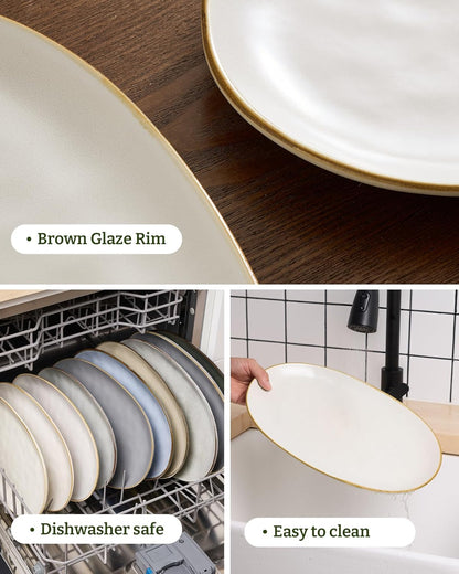 famiware Serving Platter, Oval 15.59/14.3/12.9inch Serving Dishes for Entertaining, Serving Bowls, Microwave Safe, Stoneware Serving Trays for Party, Food, Turkey, Cheese, Ocean Series, Vanilla White