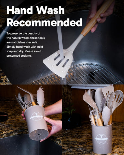 Dusico® Silicone Cooking Utensils Set of 12 Pcs with Wood Handles. Heat Resistant Kitchen Utensils for Nonstick Cookware, BPA Free Silicone Spatula Set & Cooking Spoons, Kitchen Gadgets (Beige)