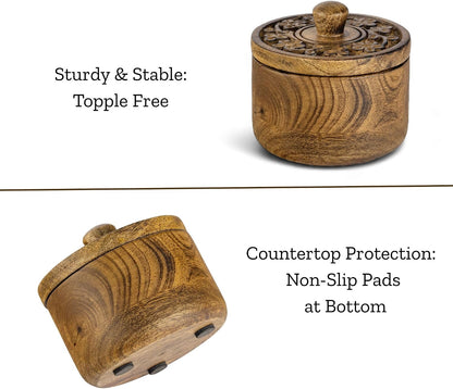 Mie Creations Rustic Salt Box Cellar with Lid & Spoon, Mango Wood Floral