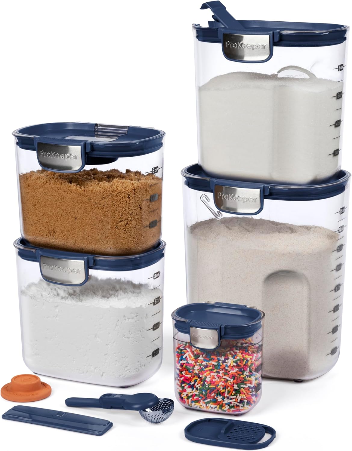 ProKeeper+ Airtight Food Storage Container Set – Clear Plastic Flour and Sugar Canister Set with Magnetic Accessories for Kitchen Organization (Grey, 9-Piece)