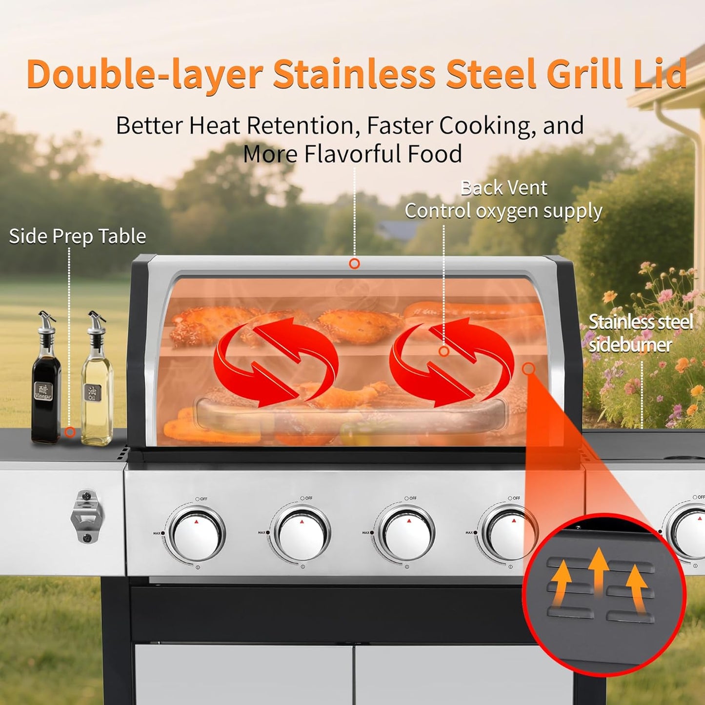 69000 BTU Output Propane Gas Grill with Side Burner and 6 Main Burners - Double-layer Stainless Steel Lid, Cast Iron Grids and Plate, Easy-Clean Grease Management for Perfect BBQs