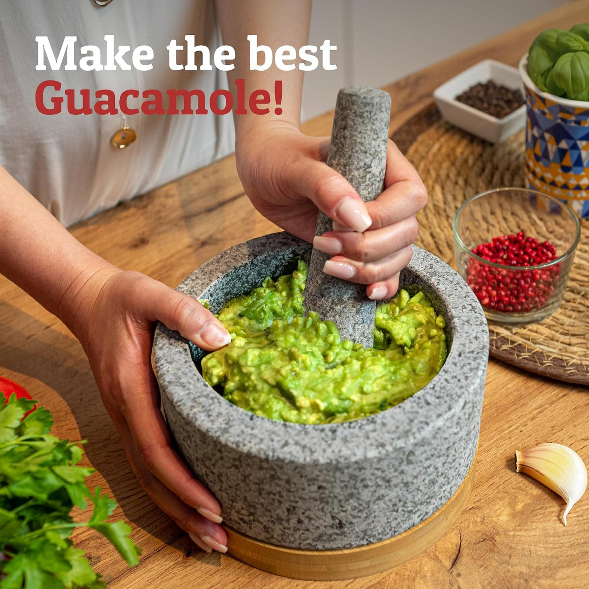 PriorityChef Heavy Duty Mortar and Pestle Set with Bamboo Base, 100% Natural Granite Stone Grinder, Guacamole Bowl and Masher, 1.5 Cups, Black