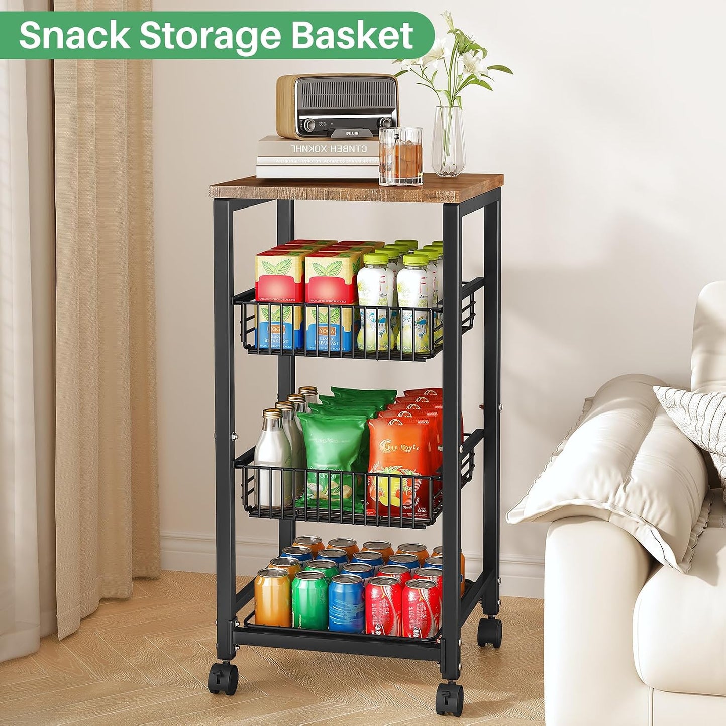 SNTD Fruit Basket Vegetable Stand for Kitchen Pantry, Pull Out Metal Wire Basket with Wood Top for Fruit Vegetable Onions Potatoes Snacks