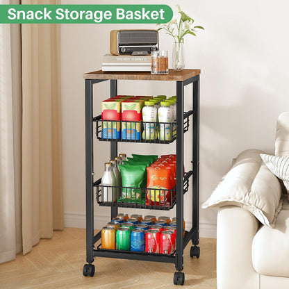 SNTD Fruit Basket Vegetable Stand for Kitchen Pantry, Pull Out Metal Wire Basket with Wood Top for Fruit Vegetable Onions Potatoes Snacks