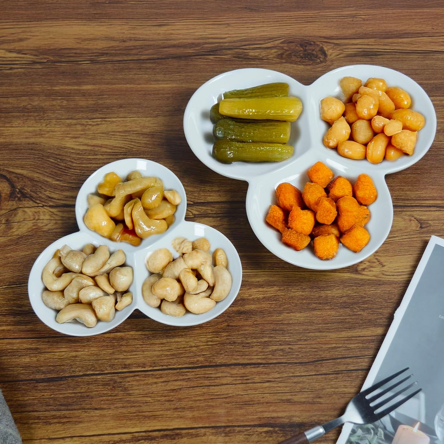 4 Pieces Chip and Dip Serving Set Ceramic Divided Serving Trays Platters Chip and Dip Bowl Compartment Cheese Ball Serving Dish Dumpling Plate for Party Appetizers Snacks Veggies, 7.1 Inch
