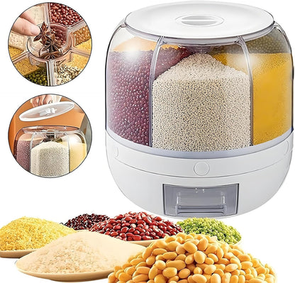 Rotating Grain Storage Bin 6 Grids Rice Container One-Click Output Large Capacity Food Dispenser For Rice Grains Sealed Moisture Proof Organizer (Grey) (Small)