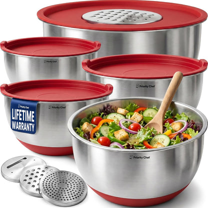 Priority Chef Stainless Steel Mixing Bowls with Lids Set, 3 Grater Attachments, Airtight Lids, Non-Slip Silicone Base Mixing Bowl Set, Large Prep Metal Mixing Bowls for Kitchen, Black