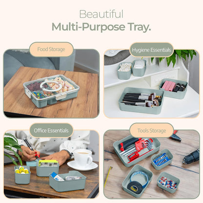 Small Snackle Box Container - Travel Snack Box Container - Snacklebox - Divided Serving Tray With Lid and Handle - Portable Snack Tray With Lid - Snackle Boxes 4 compartment Grey Blue (Cream)