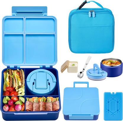 Bento Lunch Box with 8oz Soup Thermo,Kids Leakproof 4 Compartment Lunch Food Containers with Sauce Cup and Ice Pack,Kids Thermo Insulated Hot Food Jar and Lunch Bag for School,Trvael-Black