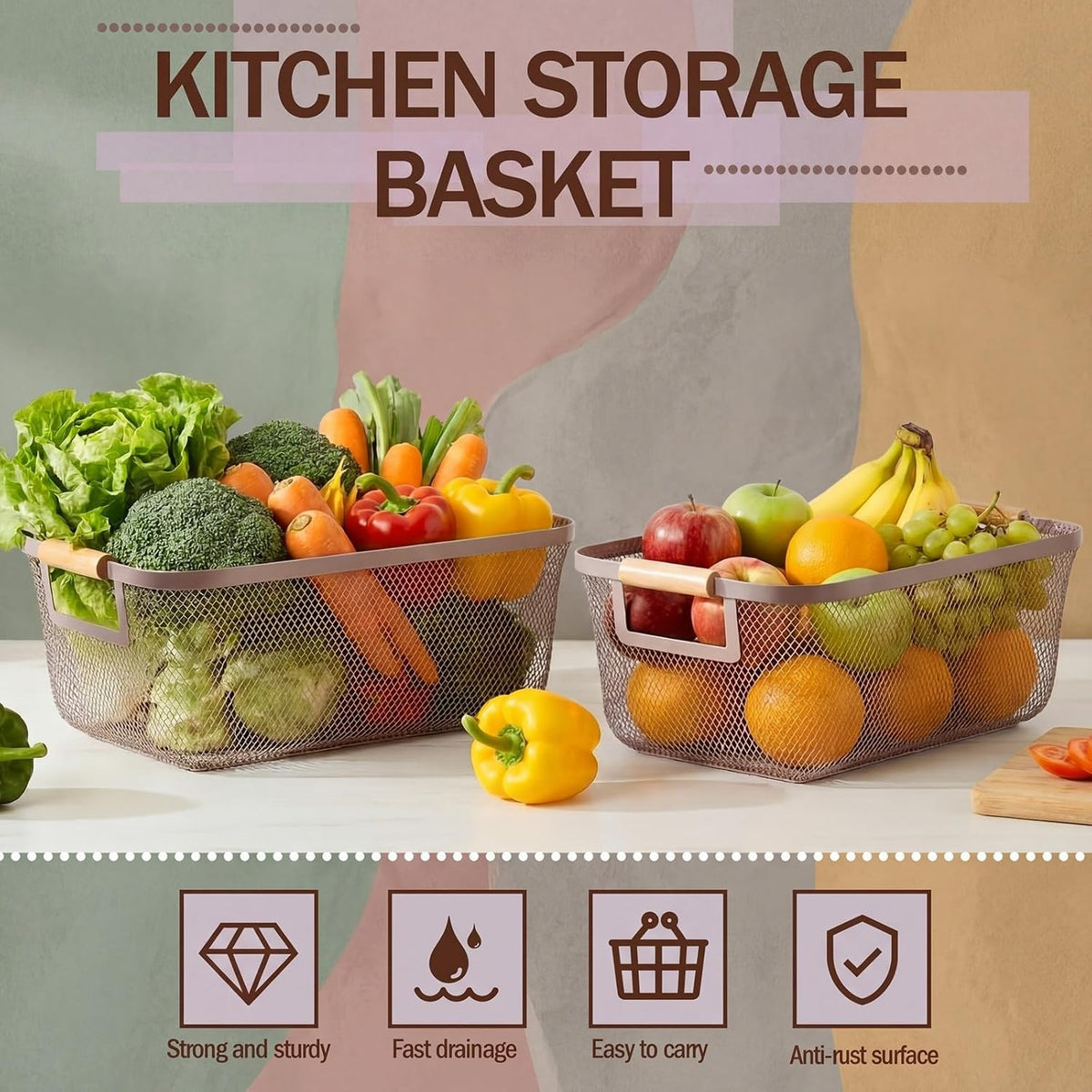 Mumufy 3 Pcs Metal Mesh Basket with Wooden Handles Wire Steel Organizer Bins Pantry Organizers Kitchen Baskets for Closet Cabinet Bathroom Fridge Food Snacks Organization (Warm Tapue,3 Sizes)