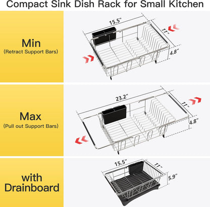 JASIWAY Dish Drying Rack in Sink, Expandable Stainless Steel Dish Drainers for Kitchen Counter, Dish Dryer Rack for Inside Sink, Over The Sink Dish Racks with Utensil Holder, Silver