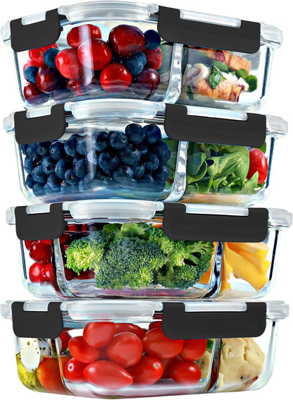 FIT Strong & Healthy 2 and 3 Compartment Glass Meal Prep Containers – Glass Bento Box for Adults, Portion Control, Food Storage, Lunch Container, Oven & Freezer Safe, Leak-Proof, 32 oz, Gray, 4 Pack
