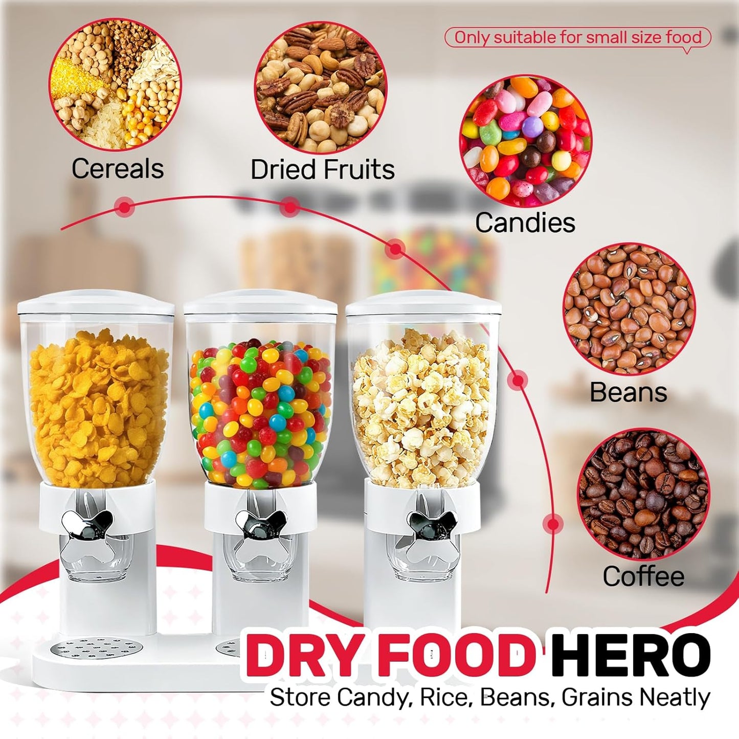 Triple Cereal Dispenser Countertop 2L, Airtight Cereal Containers Storage, Large Capacity Total 6L for Kitchen Pantry, Rotating Dry Food Dispenser for Candy, Nut, Coffee Beans, White