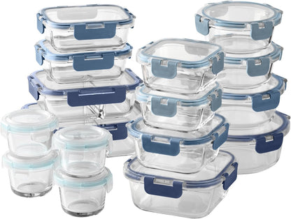 COOK WITH COLOR Premium 32-Pc. Borosilicate Glass Food Container Set with Dividers - 4 Rectangles, 8 Rounds, 4 Squares - Leakproof Lids - Meal Prep, Storage, Grey
