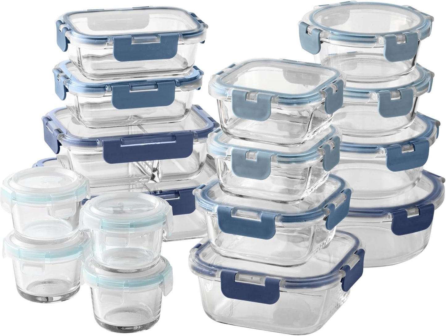 COOK WITH COLOR Premium 32-Pc. Borosilicate Glass Food Container Set with Dividers - 4 Rectangles, 8 Rounds, 4 Squares - Leakproof Lids - Meal Prep, Storage, Fluted Ombre Green