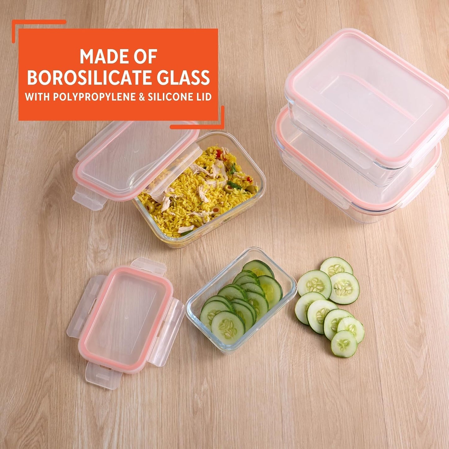 IMUSA Glass Food Storage Containers with Lids 6-Piece Set, Borosilicate Meal Prep Containers with Silicone Seal, Leakproof, Airtight, Freezer, Oven & Microwave Safe