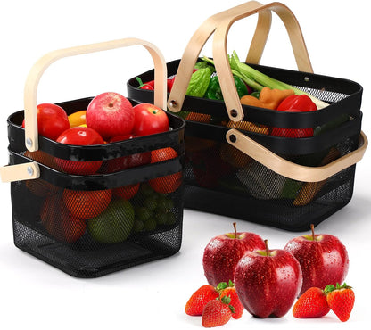 Zonon 4 Pack Harvest Garden Baskets, 2 Size Metal Mesh Harvest Storage Basket with Foldable Wooden Handle, Rectangle Durable Vegetables Fruit Basket for Garden Bathroom Kitchen Organizing, Black