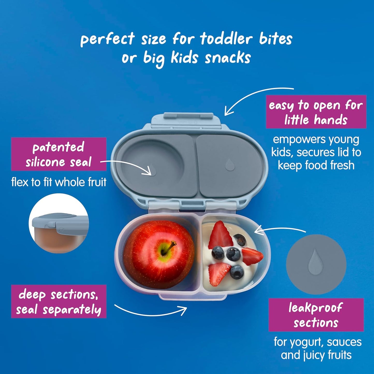 b.box Snack Box 2-Pack - Leak Proof Mini Bento Box for Kids & Toddlers, 2 Compartment Snack Containers for Kids, Dishwasher Safe, BPA-Free, PFAS-Free, Ages 4mo+, 1 3/4 Cup Each (Strawberry + Lilac)
