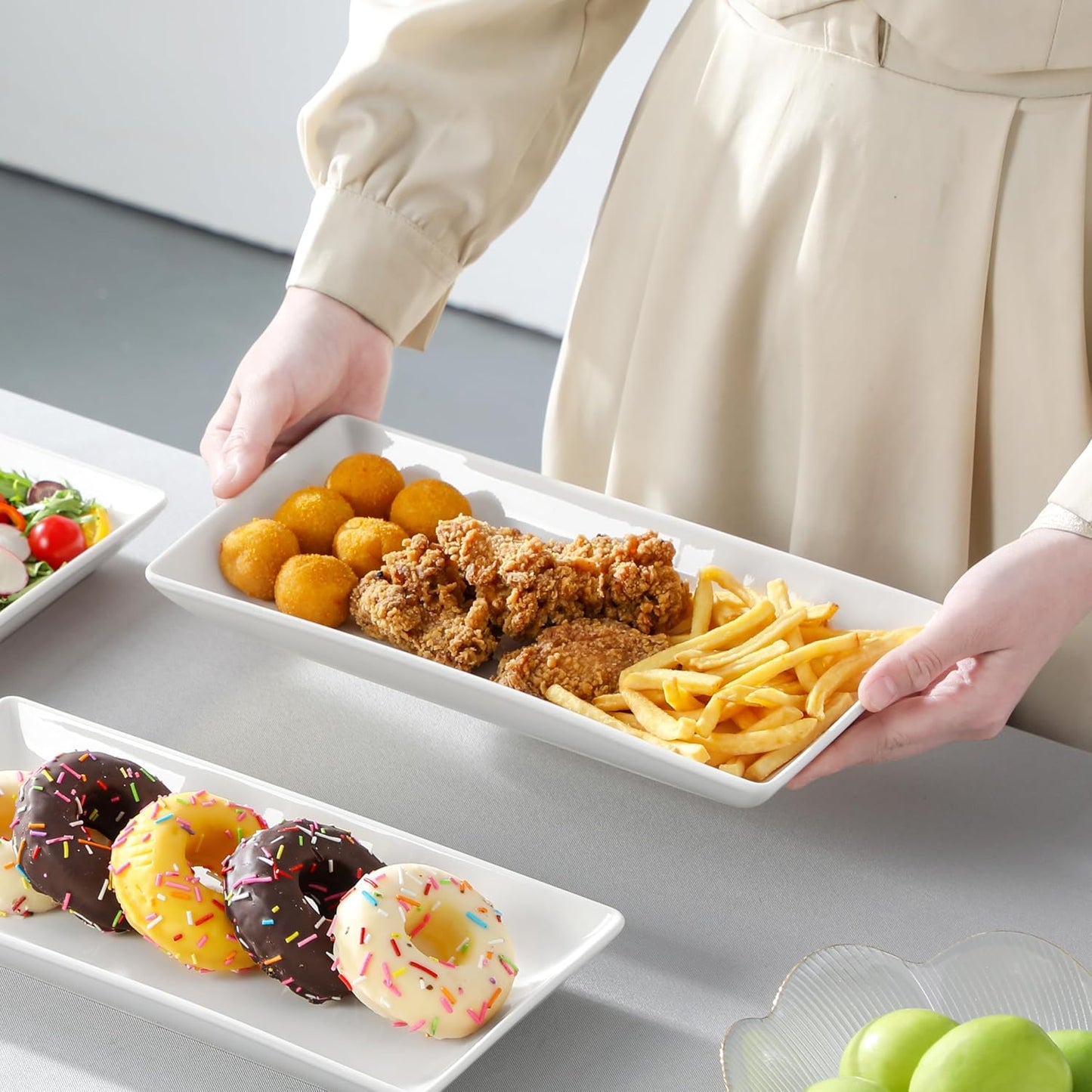 MALACASA 3 Tier Serving Trays for Party, Porcelain Serving Platters and Trays, 12 Inch Tiered Tray Stand, Fruit Tray, Trays for Serving Food, White Dessert Stand with Collapsible Sturdier Metal Rack