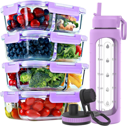 FIT Strong & Healthy 2 & 3 Compartment Glass Meal Prep Containers with LAVENDER Lids (4 Pack, 32 oz) and 32 oz Glass Water Bottle with Straw Lid, Time Marker, Sleeve & Extra Lid Bundle