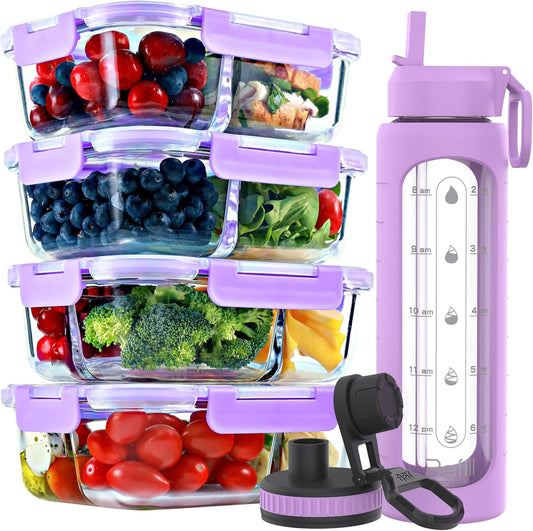 FIT Strong & Healthy 2 & 3 Compartment Glass Meal Prep Containers with LAVENDER Lids (4 Pack, 32 oz) and 32 oz Glass Water Bottle with Straw Lid, Time Marker, Sleeve & Extra Lid Bundle