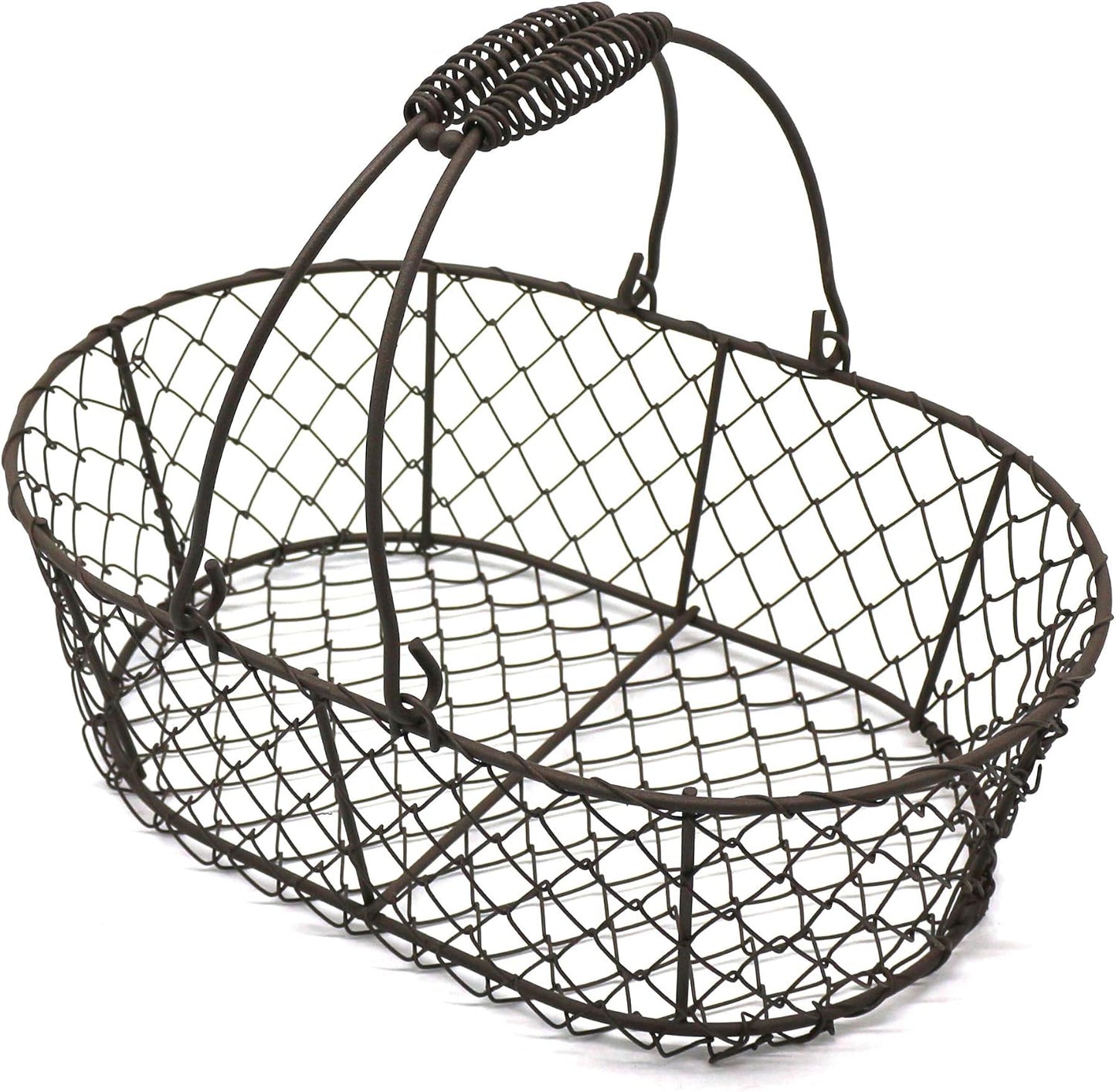 CVHOMEDECO. Oval Metal Wire Egg Basket Wire Fruit Basket with Handle Primitives Vintage Style Storage Basket. Rusty, 11 X 7-1/4 X 3-1/2 Inch