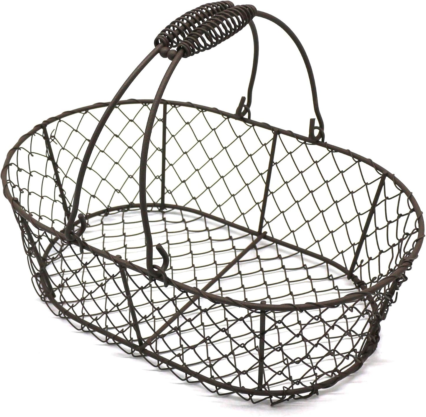 CVHOMEDECO. Oval Metal Wire Egg Basket Wire Fruit Basket with Handle Primitives Vintage Style Storage Basket. Rusty, 11 X 7-1/4 X 3-1/2 Inch