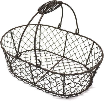 CVHOMEDECO. Oval Metal Wire Egg Basket Wire Fruit Basket with Handle Primitives Vintage Style Storage Basket. Rusty, 11 X 7-1/4 X 3-1/2 Inch
