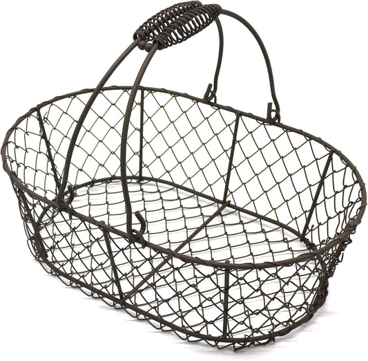 CVHOMEDECO. Oval Metal Wire Egg Basket Wire Fruit Basket with Handle Primitives Vintage Style Storage Basket. Rusty, 11 X 7-1/4 X 3-1/2 Inch