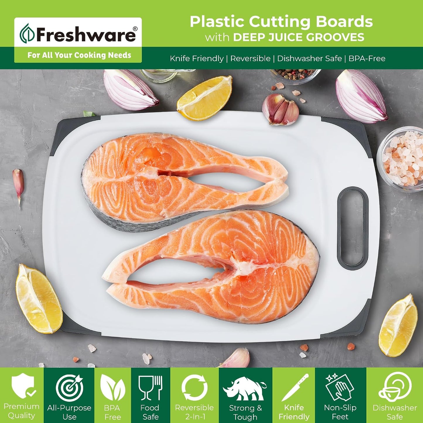 Freshware Cutting Boards for Kitchen, Chopping Board 3-Pack with Different Sizes, Juice Grooves and Non Slip Handles - Reversible, Large Cutting Board Set - Dishwasher Safe - Gray