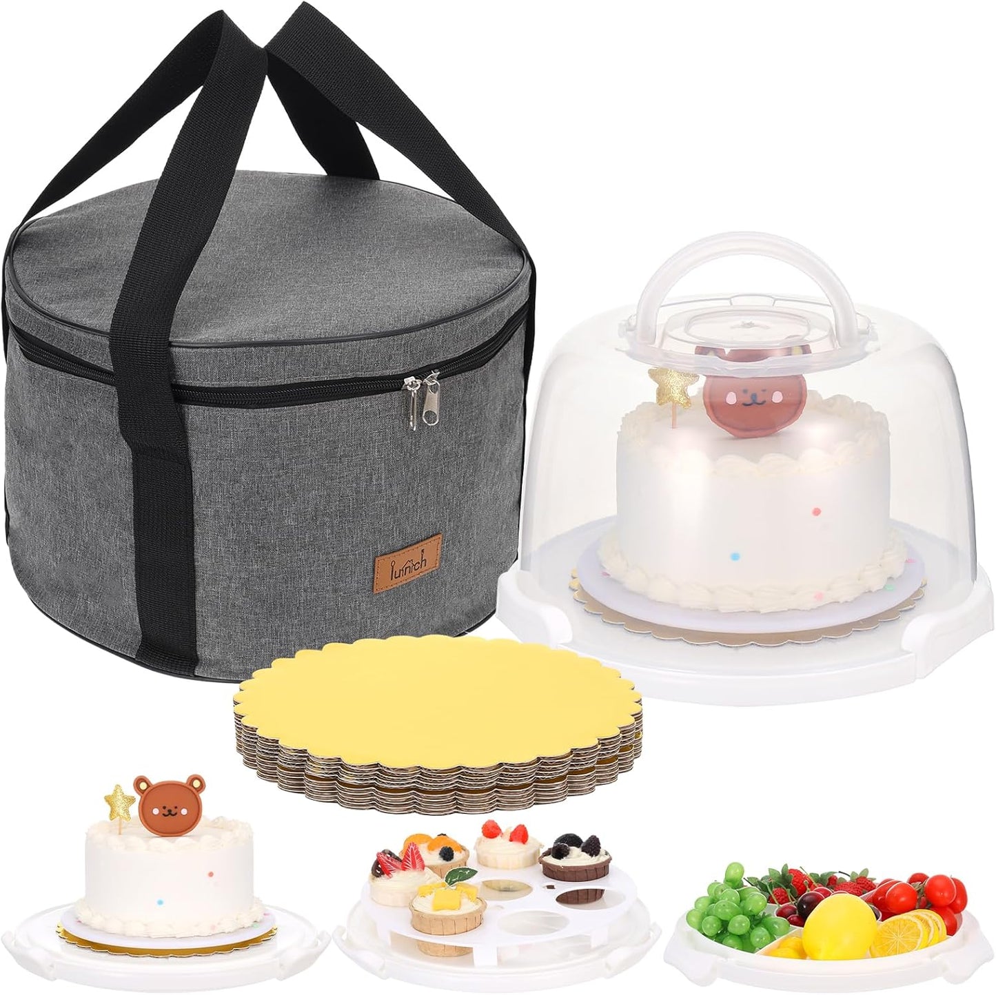 8 Inch Cake Carrier with Lid and Handle Plastic Cupcake Carrier Holder with 10 Golden Boards and Insulated Bag 8-Inch Round Cake Container