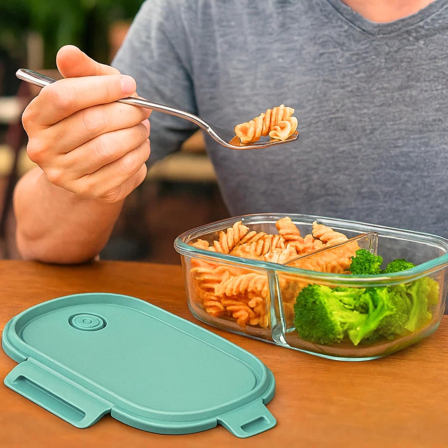 Neoflam 2 Compartment Glass Food Container with Airtight Lid – Divided Oval Bento Lunch Box with Vent, Reusable Meal Prep Storage, Microwave, Oven & Dishwasher Safe (37 oz, 1.1 Liter, 4.6 cups)