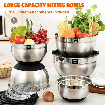 Umite Chef Thickened Heavy-Duty 26pcs Stainless Steel Bowl, Mixing Bowl Set with Lid, Grater Attachment, Colorful Non-Slip Bottom and Kitchen Gadget Set, Sizes 7, 4, 2.5, 2.0, 1.5, 1QT