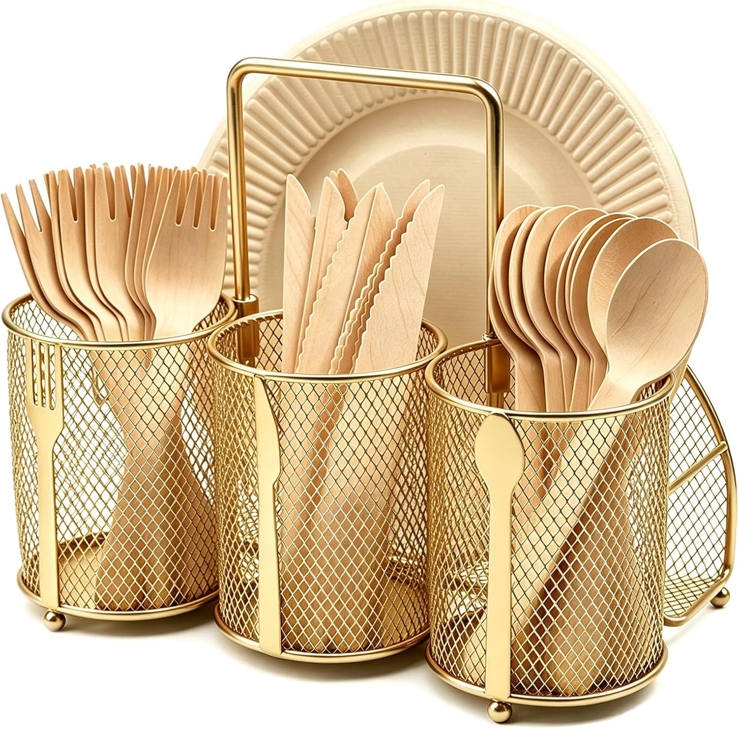 Silverware Organizer Utensil Caddy - 4 Compartment Metal Cutlery Holder Flatware Storage Basket Fork Spoon Napkin Paper Plate Kitchen Countertop Party Picnic Camping Buffet Outdoor (Gold)