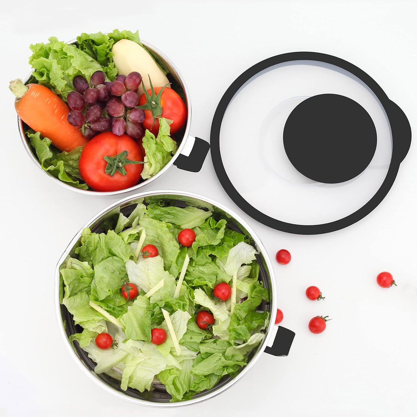 HAPPY KIT 304 Mixing Bowls with Lids Set of 2,Stainless Steel Mixing Bowl with Pour Spout, Non-slip Handle and Bottoms, 3 Grater Attachments, Measurement Marks & Lid, Size 5QT, 3QT(Red)