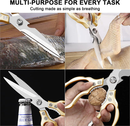 CGBE Kitchen Scissors, Multi-Purpose Kitchen Shears, Heavy Duty Dishwasher Safe Food Scissors for Chicken, Poultry, Fish, Meat & Herbs with Non-Slip Grips - Sliver