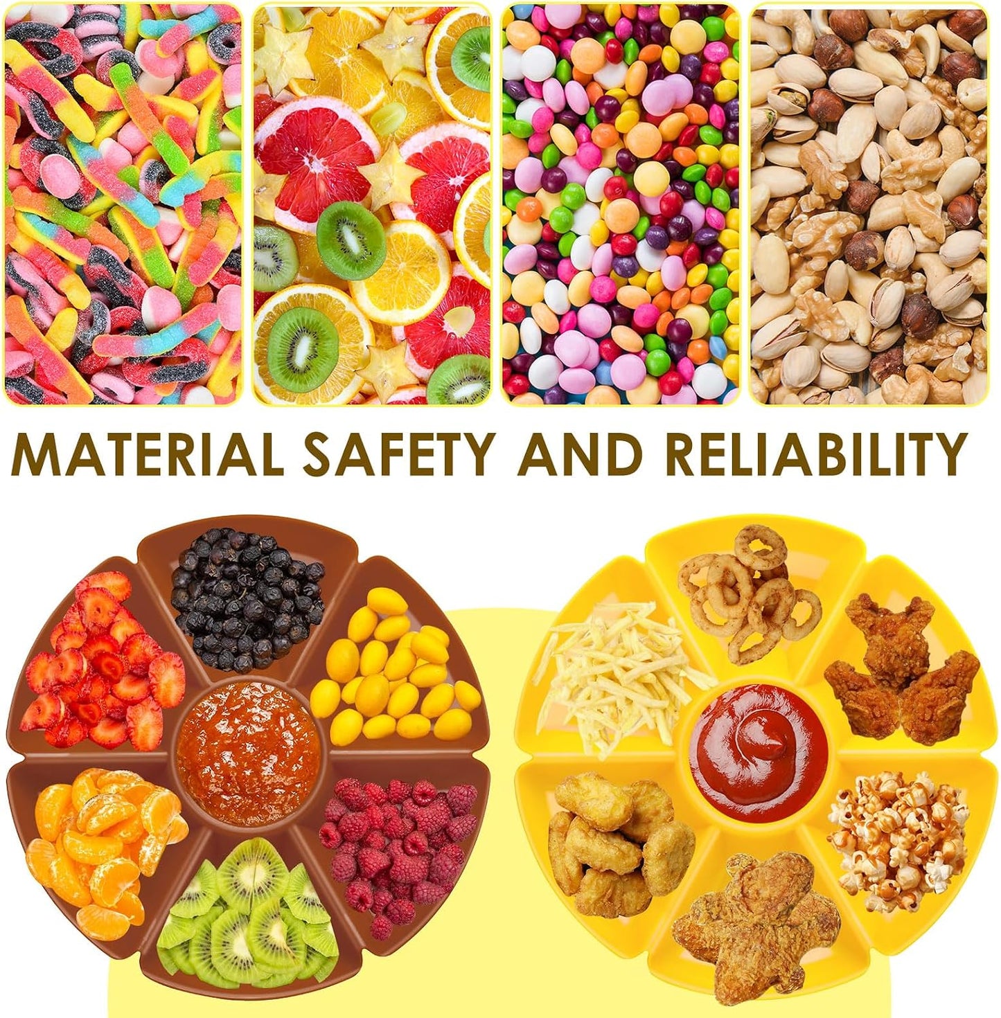 3 Pcs Sectional Round Plastic Serving Tray Platters 11inch Unbreakable Chip and Dip Divided Serving Plates,Round 7 Compartments Multifunctional Food Platter for Snack,Nuts,Candy,Dried Fruit,Veggies