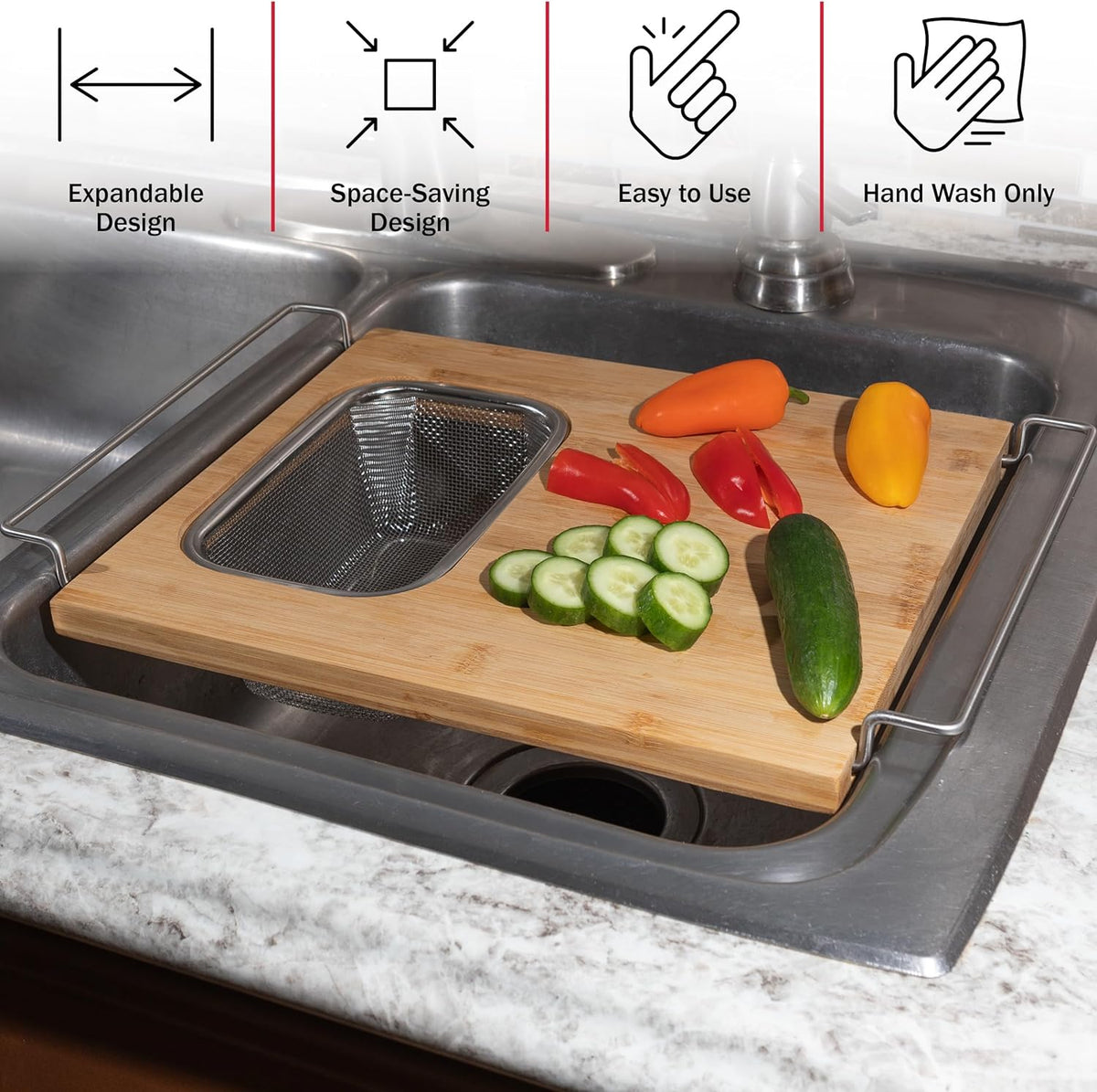 Classic Cuisine 2 in 1 Cutting Board with Strainer, Natural, 13.2” x 11.5”