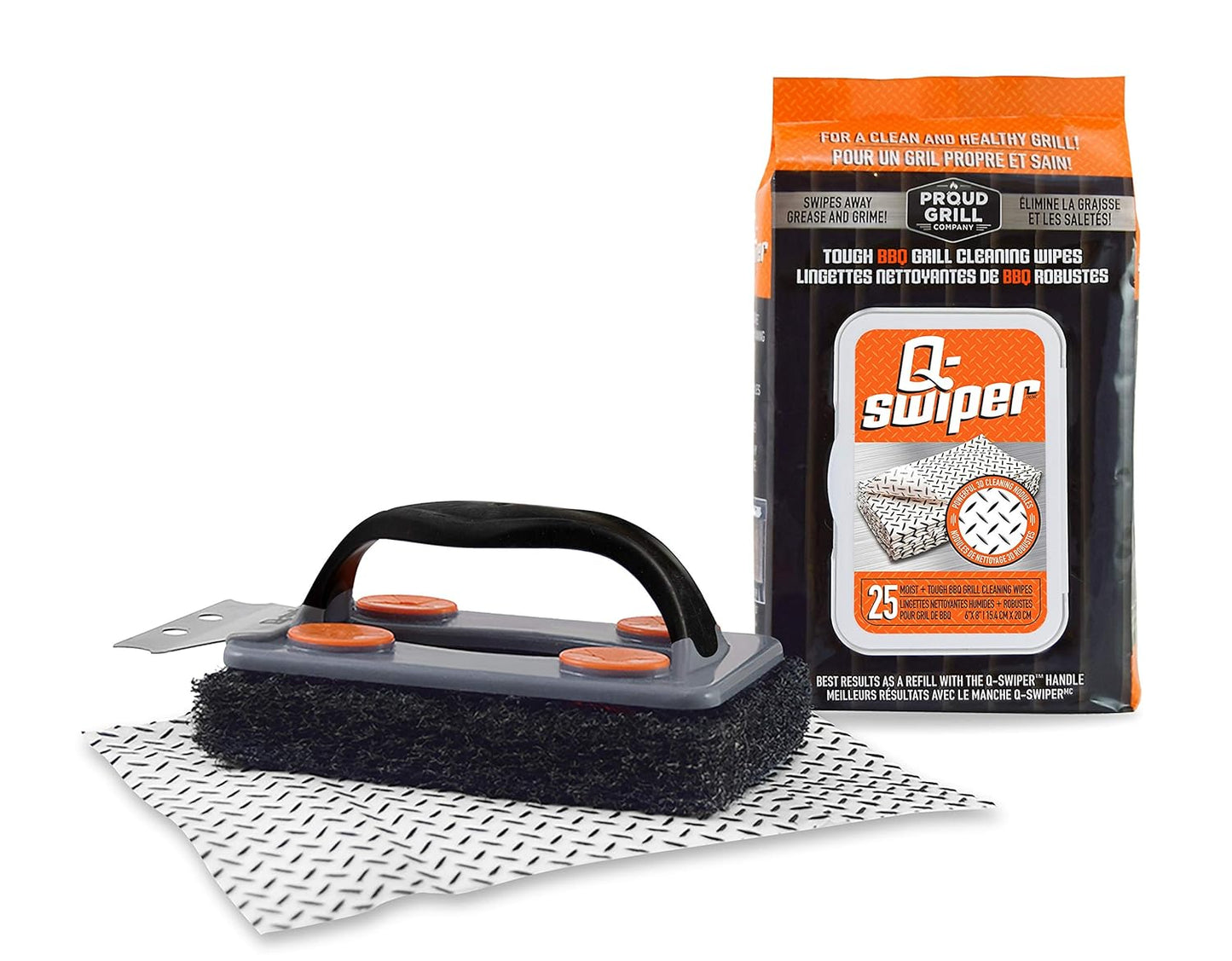 Proud Grill Q-Swiper BBQ Grill Cleaner Set - 1 Grill Brush with Scraper and 25 BBQ Grill Cleaning Wipes, Bristle-Free & Wire-Less, Safe Way to Remove Grease and Grime, Ideal Mens Birthday Gifts