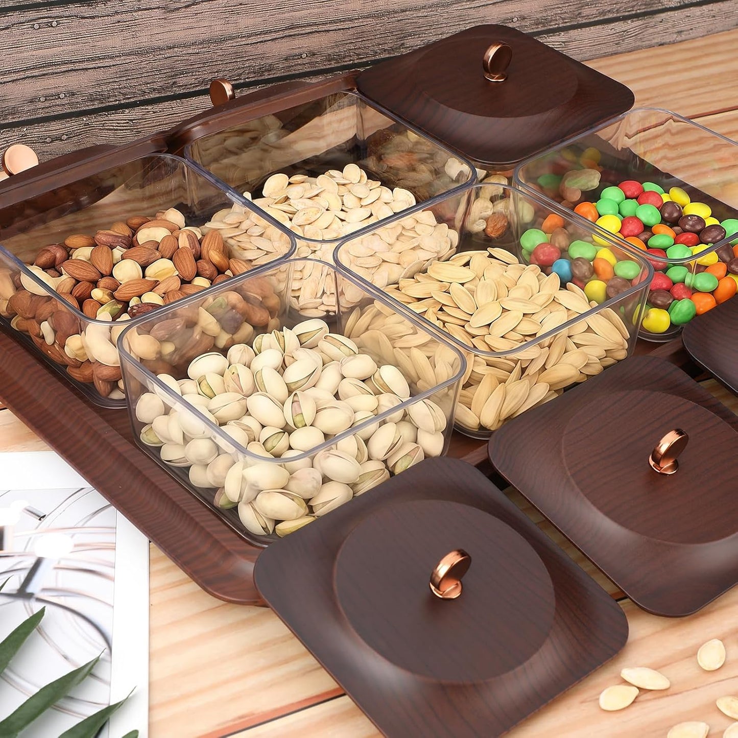 Serving Set: Plastic Imitated Wood Serving Tray & 4 Snack Boxes with Lid, Ideal for Home, Party & Birthday