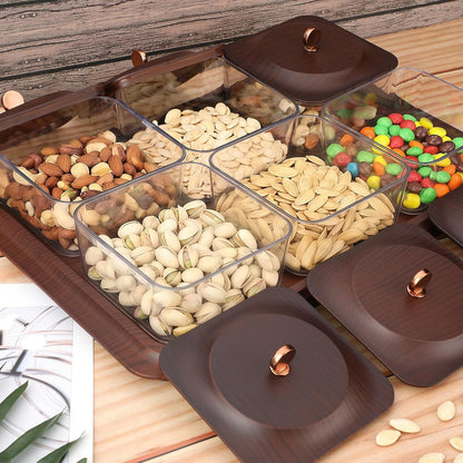 Serving Set: Plastic Imitated Wood Serving Tray & 4 Snack Boxes with Lid, Ideal for Home, Party & Birthday