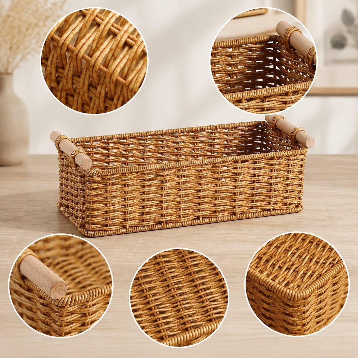 Handwoven Storage Basket Decorative Basket Rectangular with Handles Organizer for Living Room Toilet Pantry Bookcase Cabinet, Style B